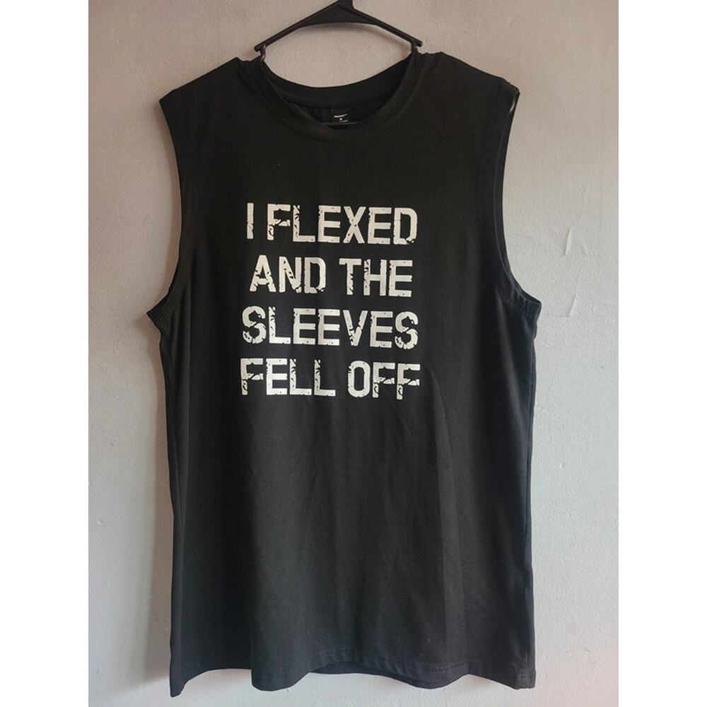 Men's medium workout tank top shirt black "I flexed and the sleeves fell off"